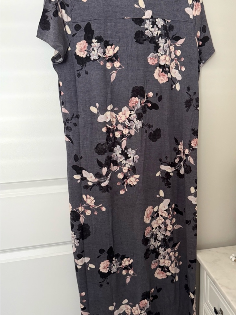 NWT!  Soma Gray Floral V-Neck Maxi Nightgown with Pink Blossoms - Picture 2 of 4
